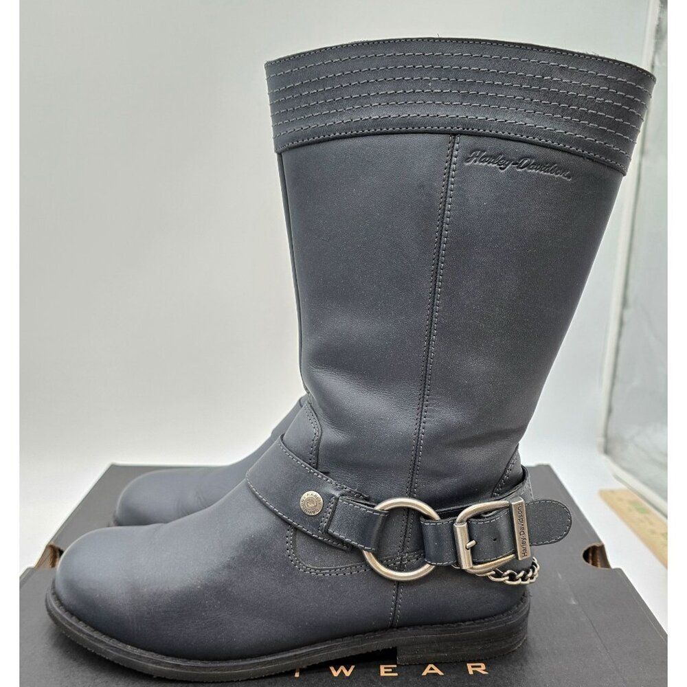 Harley-Davidson Gray Heeled Boots with Decorative Buckle